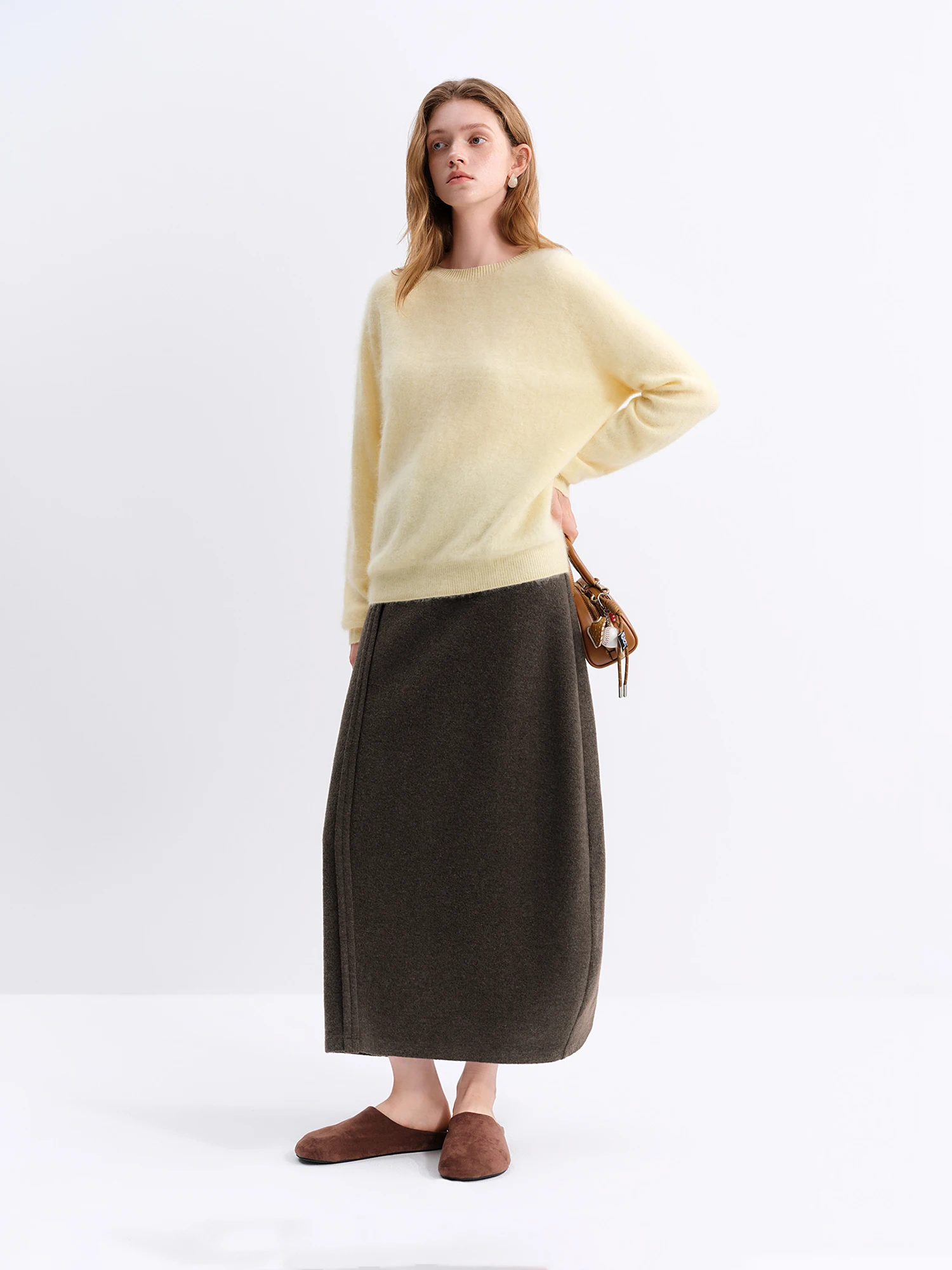 FSLE Winter 2025 Women's Round Neck Minimalist Knit Sweater - Relaxed Fit Wool Blend Pullover Cashmere Touch for Casual Comfort
