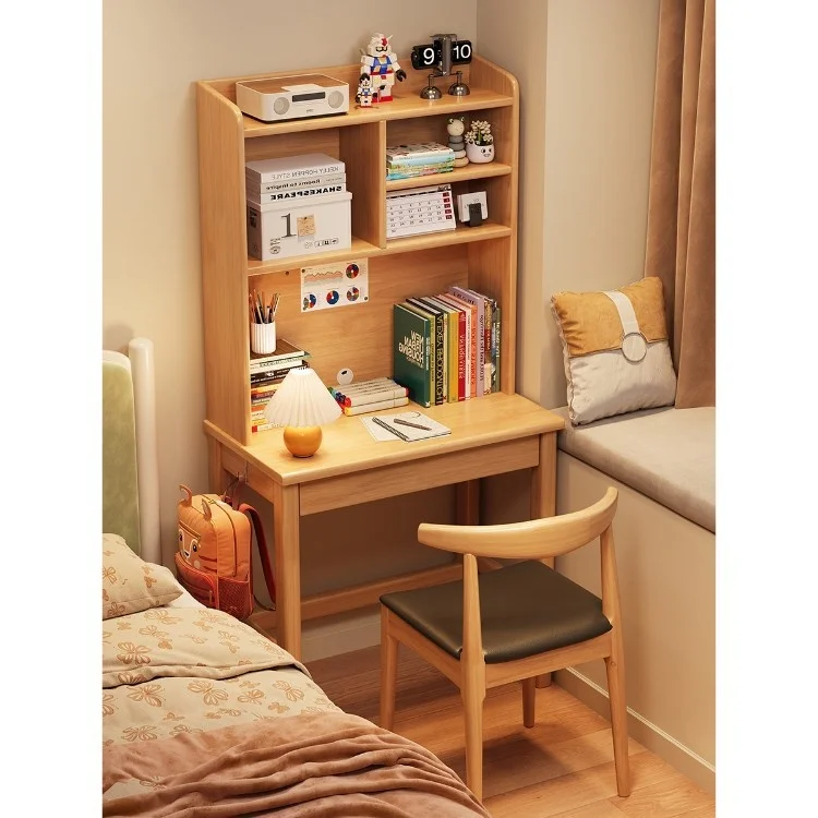 Solid Wood Nordic Design Children's Desk Bookshelf Integrated Table Home Bedroom Student Writing Desk Adjustable Height Table