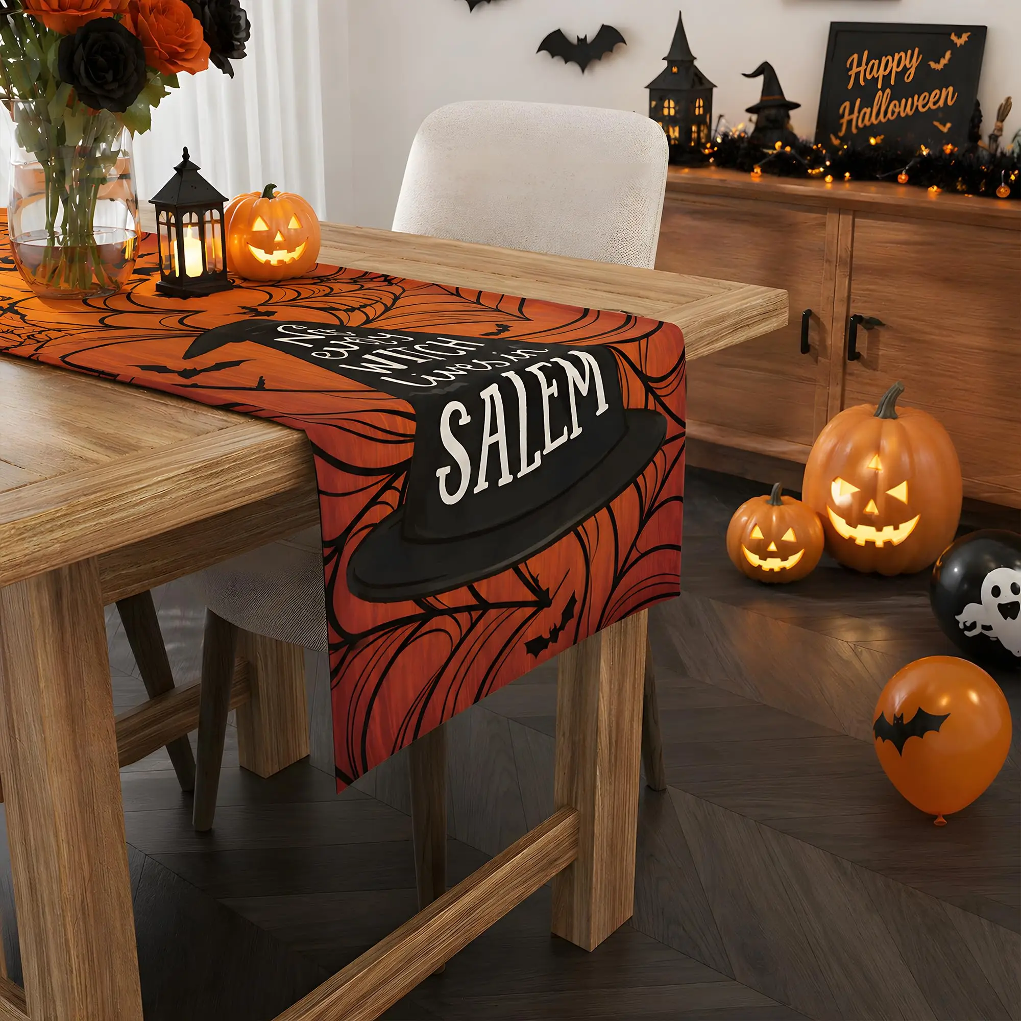 Halloween Table Runner, Witch Hat Salem Quote Spider Web Bat Print Table Decor, Orange Wood Grain Long Tablecloth For Halloween