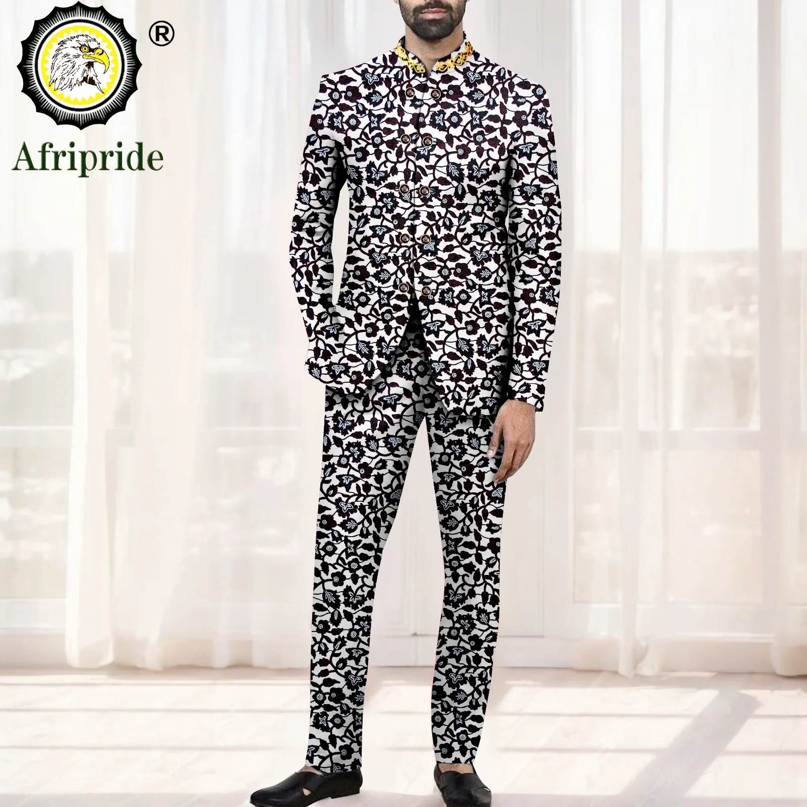 African Suits for Men Slim Fit Double Breasted Embroidery Blazer and Pants Set Business Suit Print Outfits for Wedding 2416101
