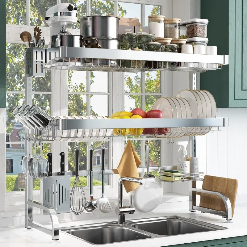 Over Sink Dish Drainer Drying Rack,3 Tier Large Dish Racks for Kitchen Storage Counter Organizer with Utensil Holder, Silver