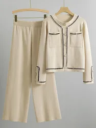 Muslim 2 Piece Set Women Knitting Sets Cardigan Buttons Pockets Coat Wide Leg Pants Suit Knit Arabic Outfits Modest Ensembles