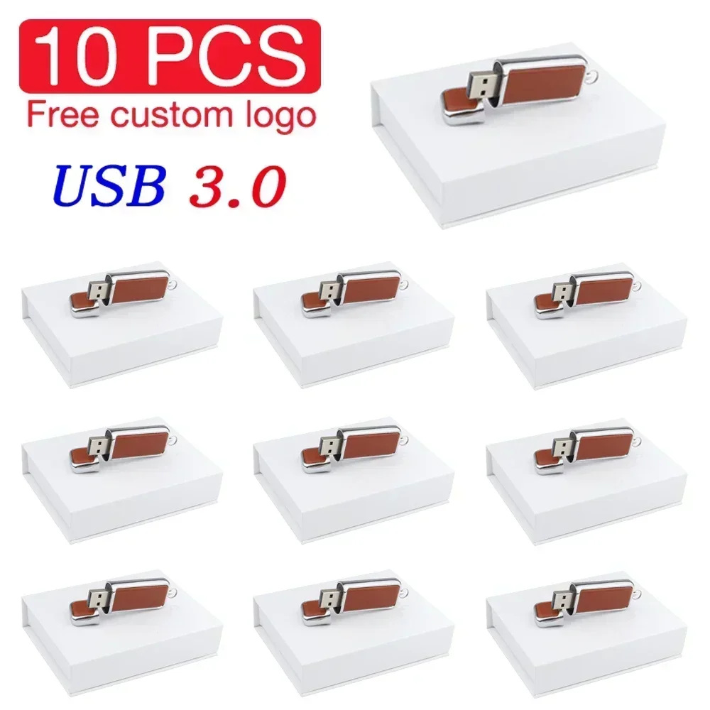 

10 PCS High Speed Leather USB 3.0 Flash Drive 128GB 64GB Free Custom Printed Logo Pen Drive Memory Flash Stick Birthday Gift Box