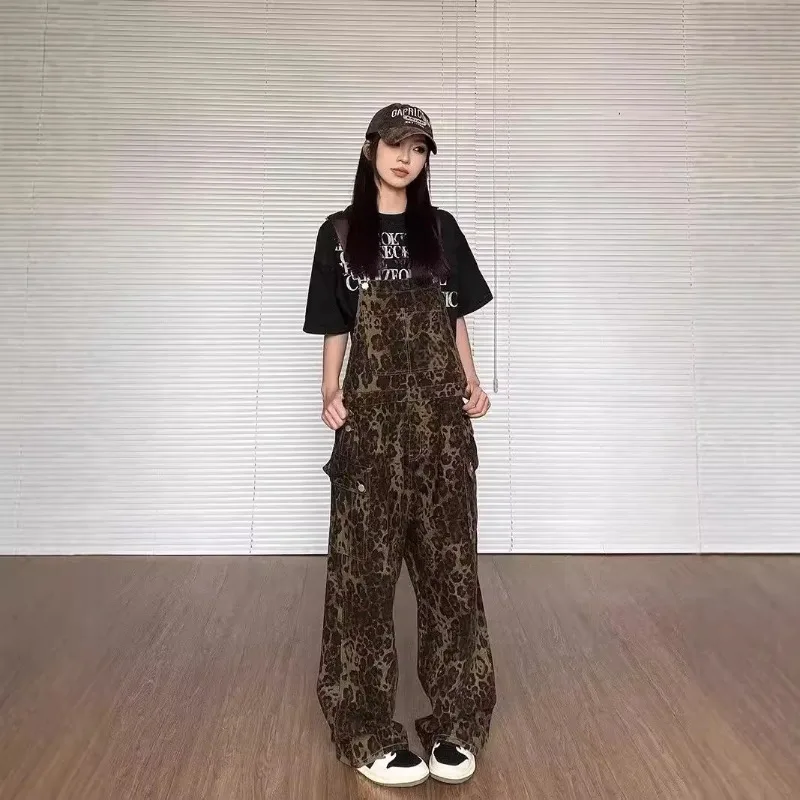2025년 신상 여성 의류 레오파드 프린트 데님 오버롤 가을 겨울 루즈핏 데님 와이드 팬츠 여성 캐주얼 데님 점프수트 트렌드