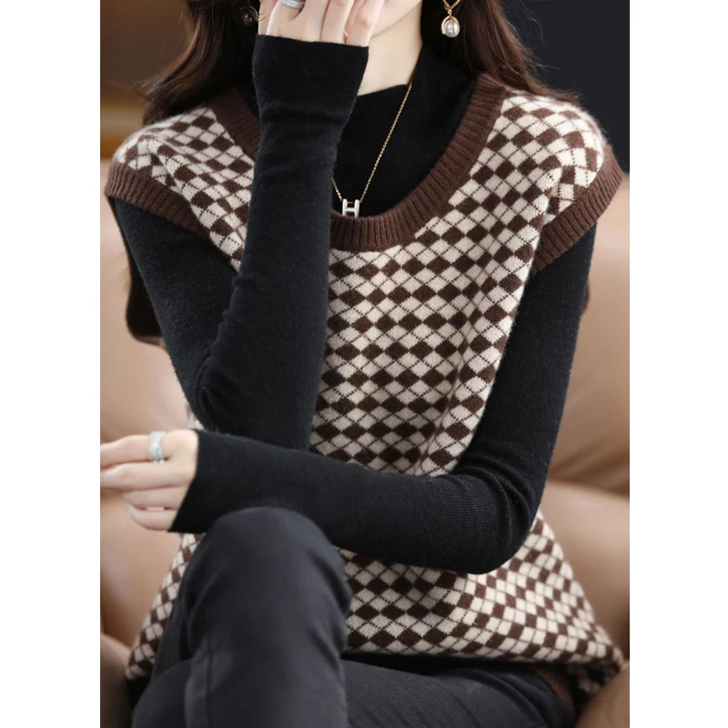 Women Argyle Simple Style All Match Sleeveless Knitted Sweater Vests Female Casual Loose Outerwear Waistcoat Jumper Clothing2023