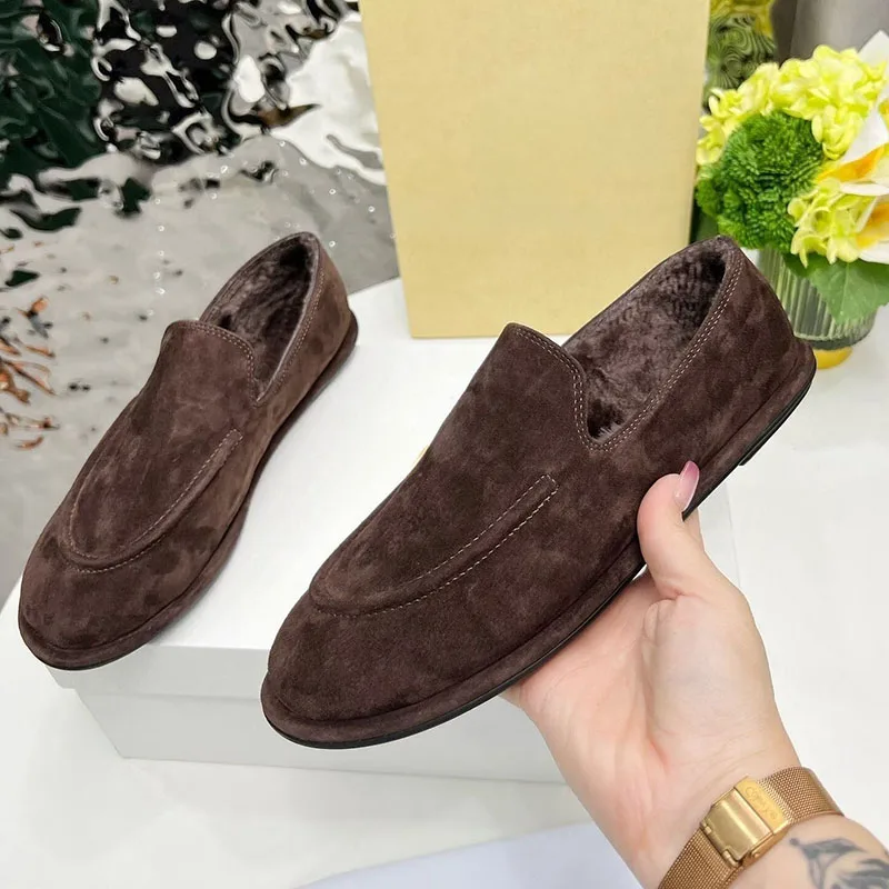 

Loafers Round Toe Plush Lining Keep Warm Walking Shoes Women Cow Suede Thick Bottom Single Shoes Winter Retro Flat Shoes