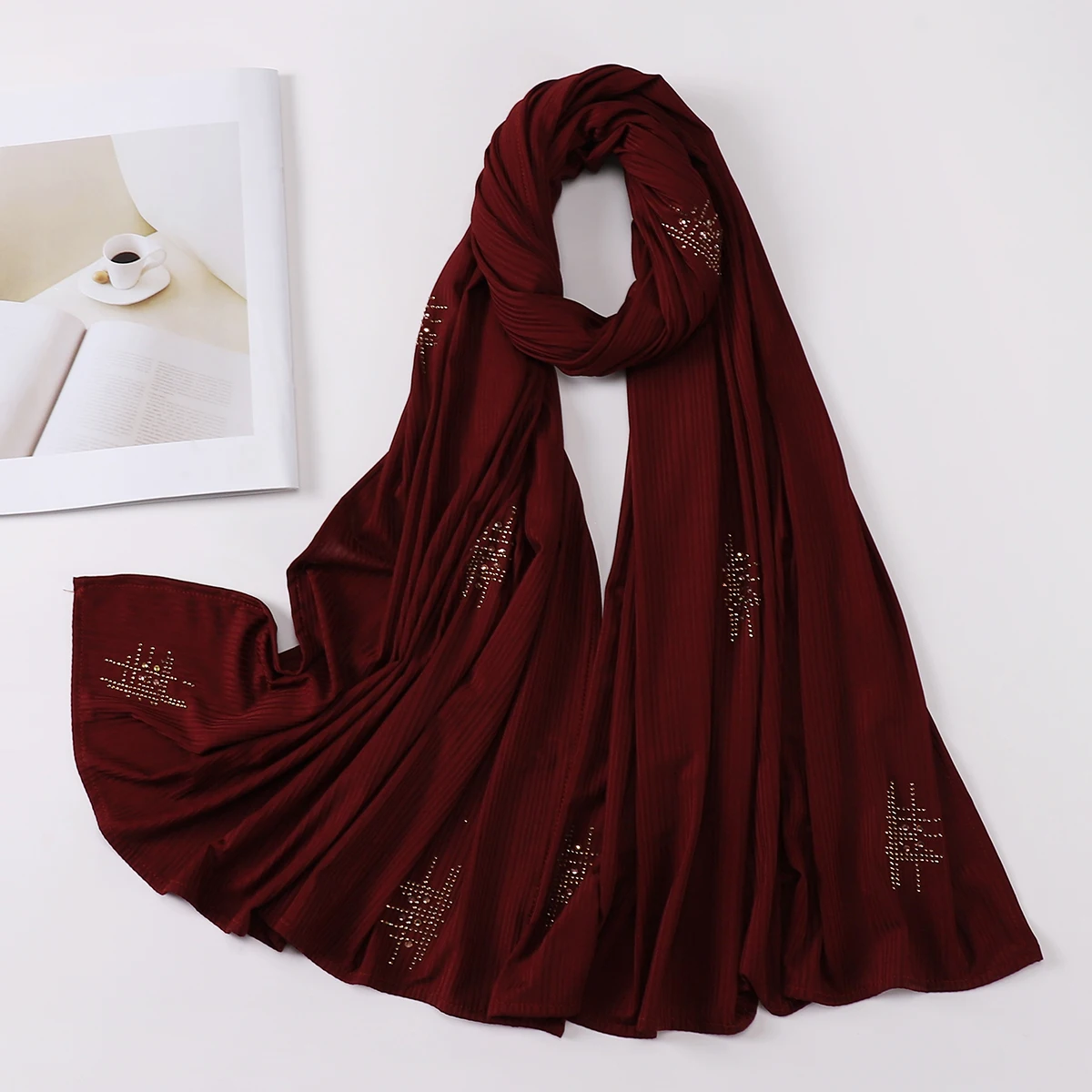 Muslim Crinkle Ribbed Jersey Rhinestone Hijab Plain Scarf Crepe Hijab Soft Islamic Shawls Wraps Headband Voile Femme Musulman