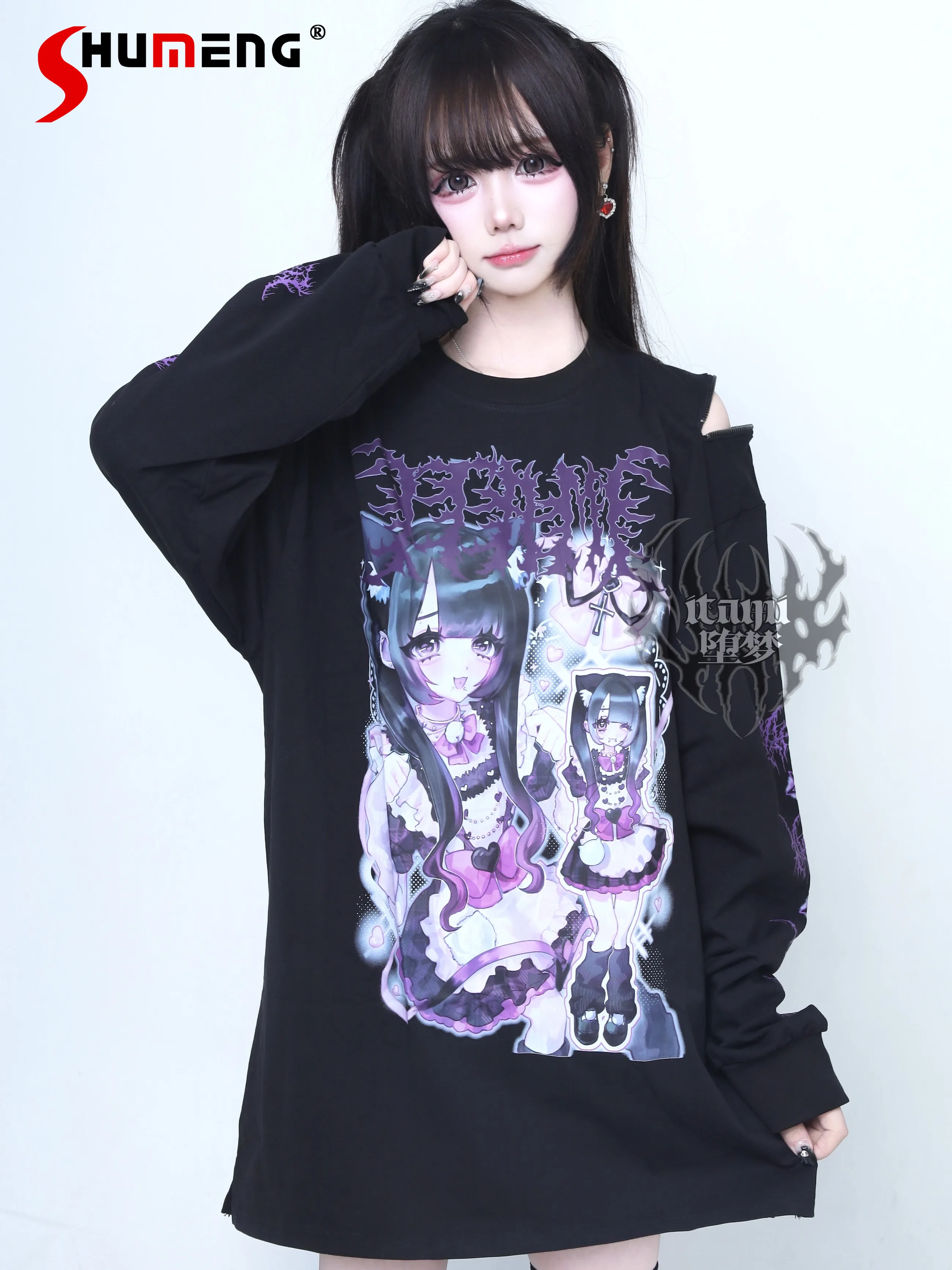 

Original Subculture Dark Black Long Sleeve T-Shirt Spring Autumn 2025 Student Cute Kawaii Anime Print Sweatshirt Sweet Cool Tops