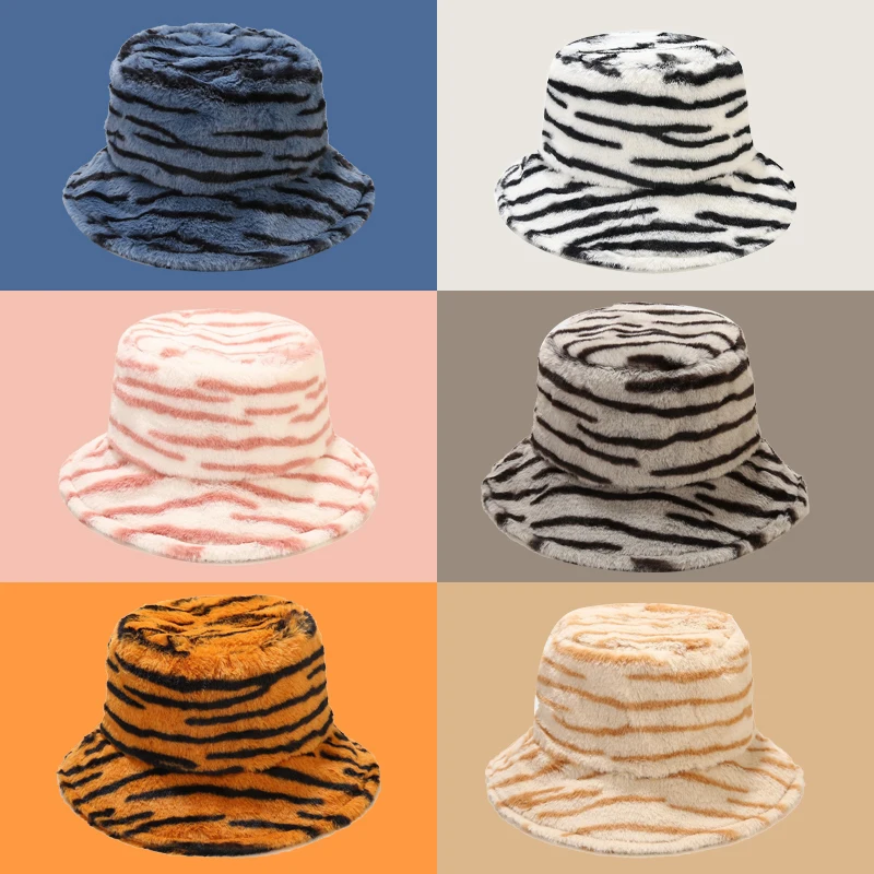 Winter Plush Furry Bucket Hats Retro Zebra Pattern Fisherman Hat Lady Outdoor Warm Soft Velvet Fisherman Cap Outdoor Sun Hat