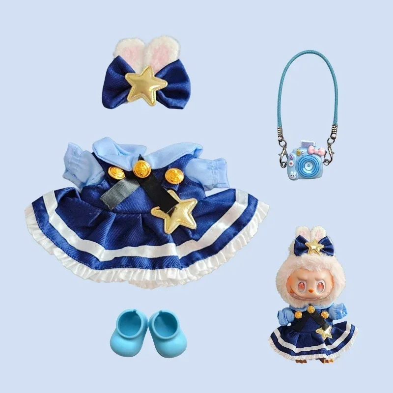 Set di vestiti per bambole Labubu da 17 cm. Il vestito blu carino include scarpe con fascia per capelli. Accessori per fotocamera per bambole di peluche V1 V2 Idol