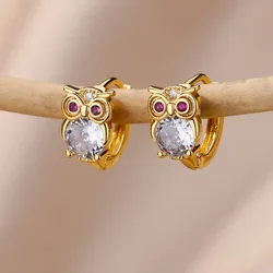Crystal Owl Hoop Earrings For Women Satinless Steel Animal Zircon Rabbit Leopard Elephant Bear Earrings Cute Jewelry Girls Gift