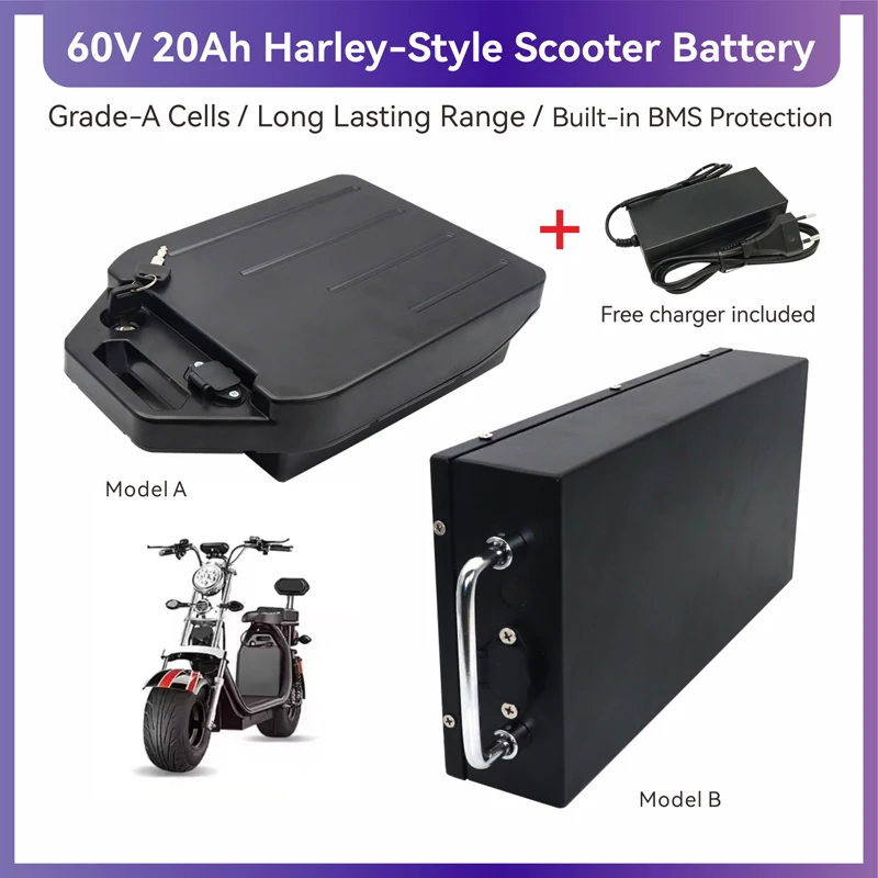 60V Lithium Battery 20Ah For Harley‑Style Citycoco Scooter, 18650 A‑Grade Power Cells Built‑in BMS Long Range,High Power Output