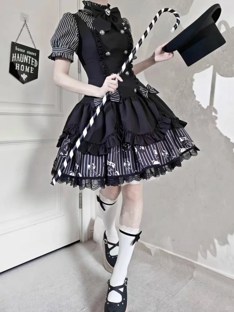 2026 Gothic Striped Lolita Dress Set Women Puff Sleeve Stripe Blouse+Chic Suspender Dress Female Dark Lace Princess Retro Outfit