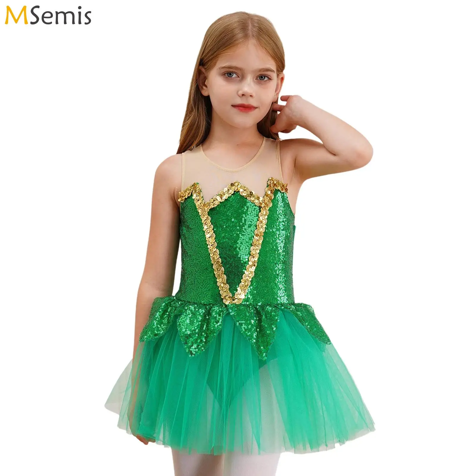 Kid Girls Sequins Christmas Costume Elf Mrs Santa Claus Ice Skating Dance Leotard Tutu Dress Ballet Dancewear Halloween Cosplay