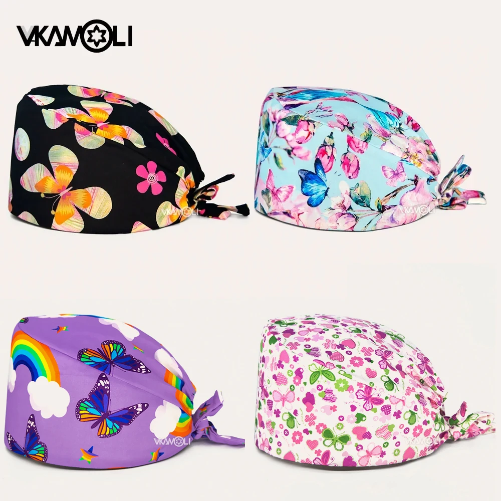 wholesale man scrubs cap laboratory work cap pet caring Elastic Sweatband nursing Hats Butterfly print scrubs women uniform