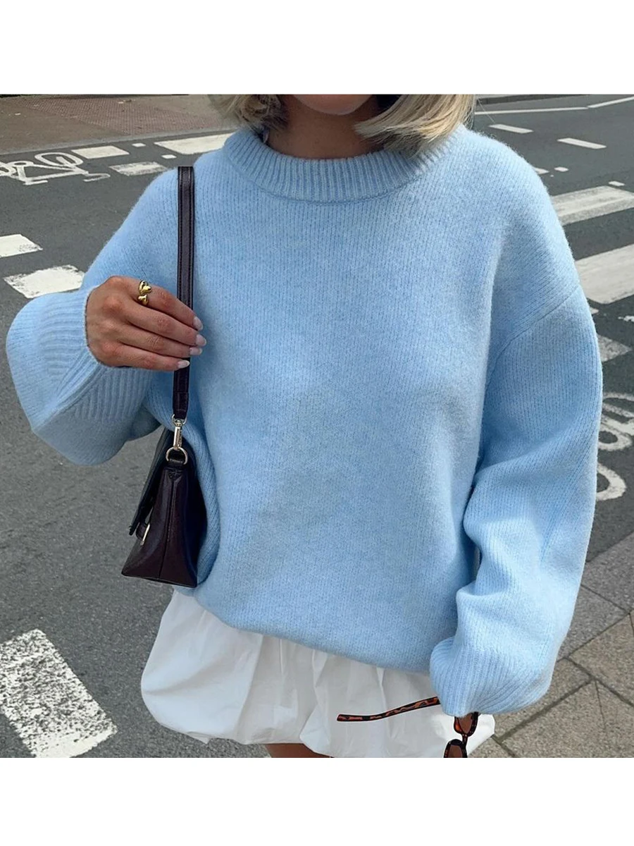 Women s Autumn Winter Knit Sweater Long Sleeve O Neck Solid Color Casual Knitwear