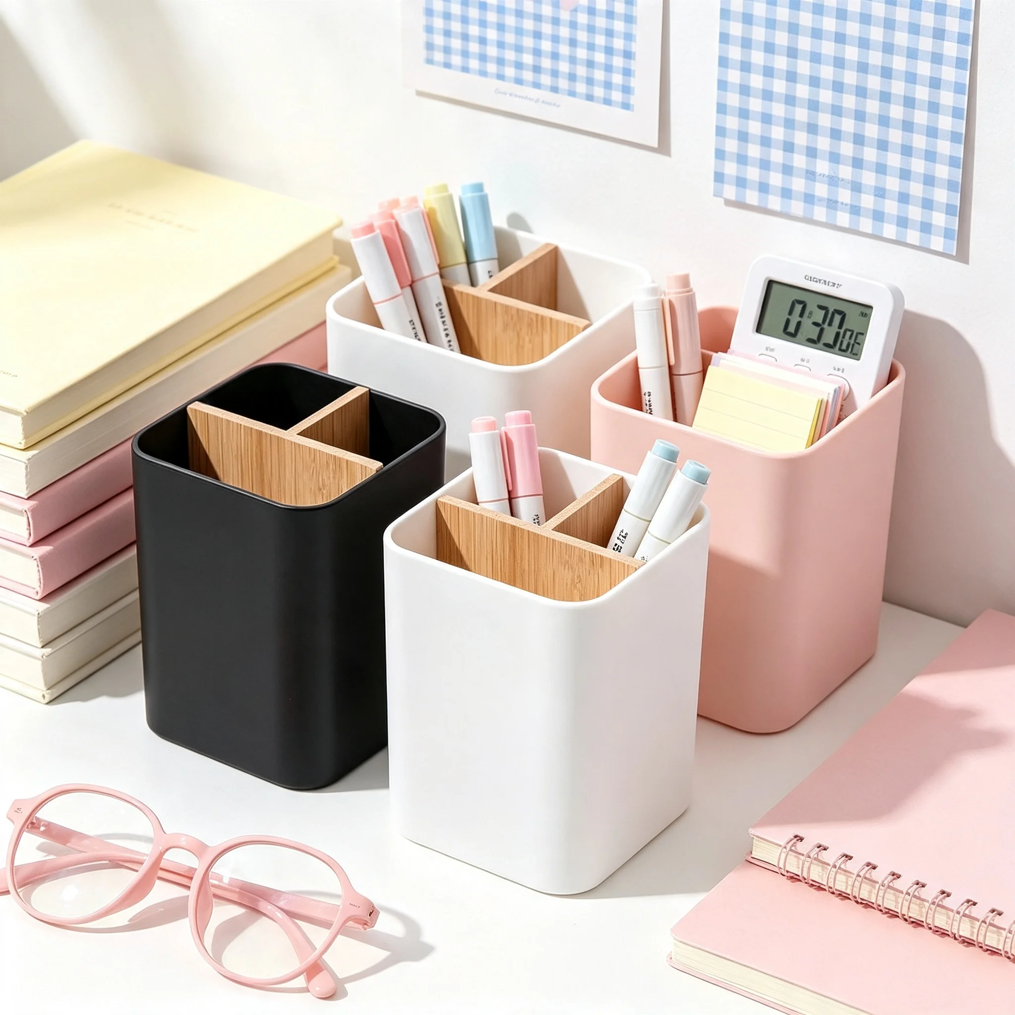 3Grid Bamboo Partition Storage Box Desktop Partition Pen Makeup Brush Holder Bathroom Toothbrush Rack Office Stationery Sort Box