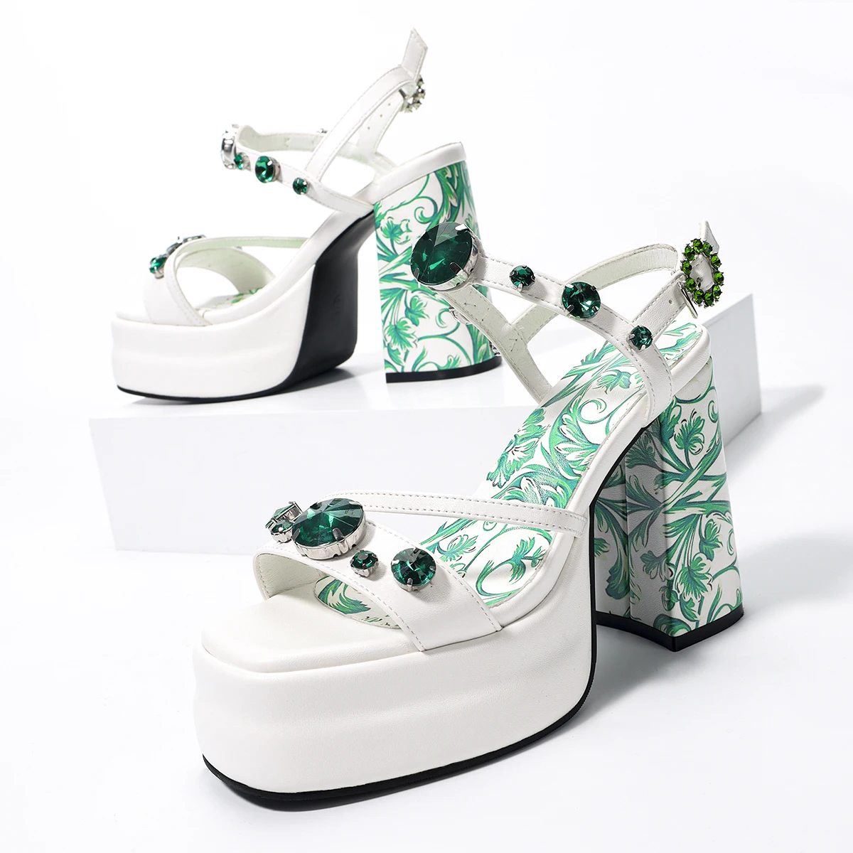 Ladies bohemian Rhinestone Aesthetic Print Water Platform Thick Heel High Heel Sandals