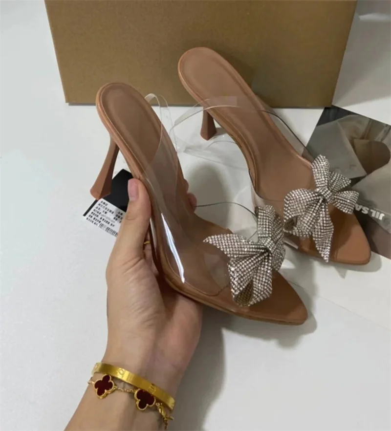 TRAF Woman Bow Rhinestone High Heel Sandals Pointed Toe Peep Toe Heeled Slingback Heels 2024 Summer Elegant Female Party Heels