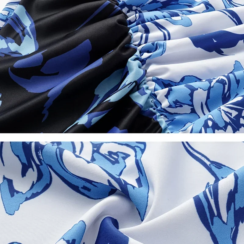 Long Sleeves One Shoulder Color Block Printed One Piece Swimsuit Monokini Bathing Suit Tropical Bodysuit Surfing Sport Swimsuit