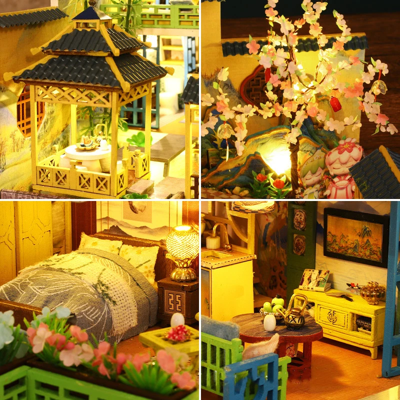 DIY ไม้ญี่ปุ่น Big Casa Miniature Kit 3D ปริศนาตุ๊กตาเฟอร์นิเจอร์ไฟ Villa Home Decor สําหรับของขวัญเพื่อน