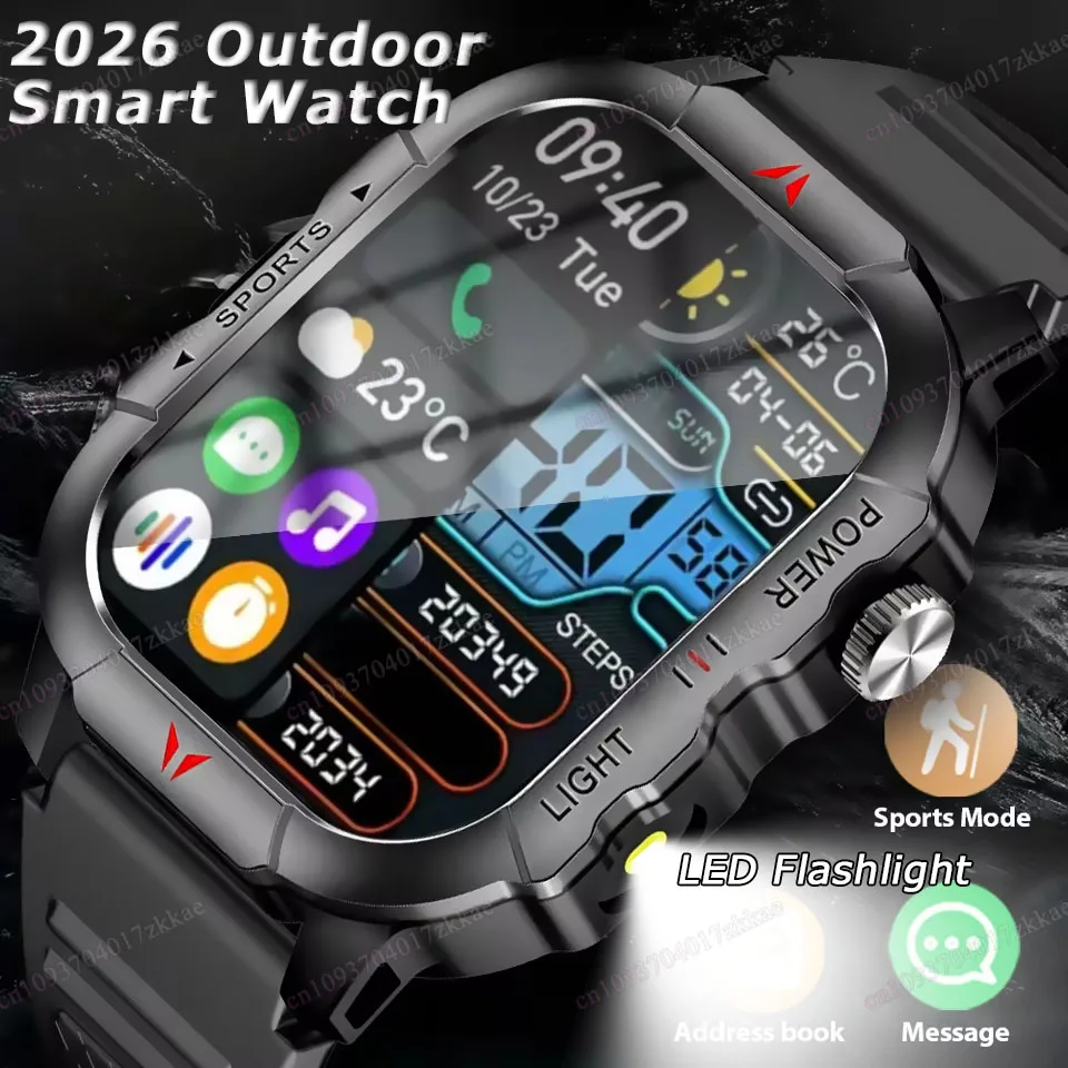 

2026 Outdoor Military Smart Watch LED Flashlight Bluetooth Call Fitness Clock Heart Monitoring Waterproof Sport Smartwatch HW12