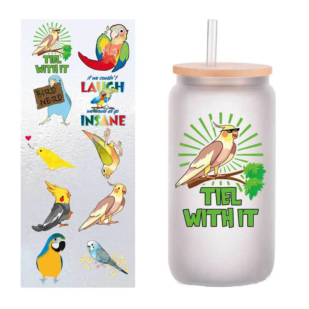 

10 four-inch cartoon cute parrot UV transfer stickers Crystal label glass stickers customized