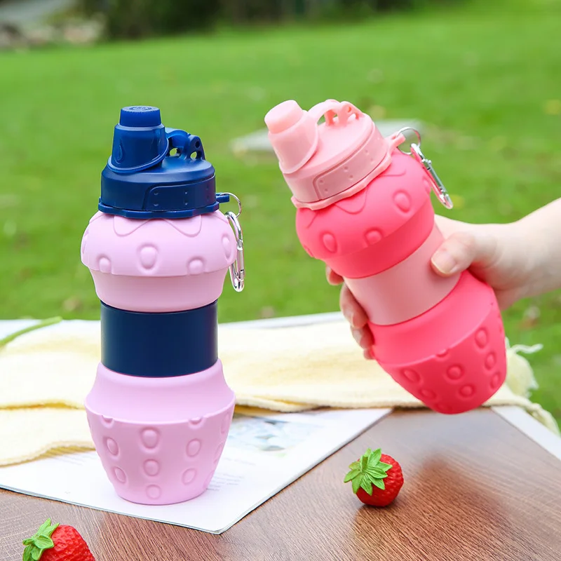 Portable Foldable Sports Water Bottle 600Ml Travel Sports Bottle Strawberry Shaped Water Bottle Kids Silicone Telescopic Cup