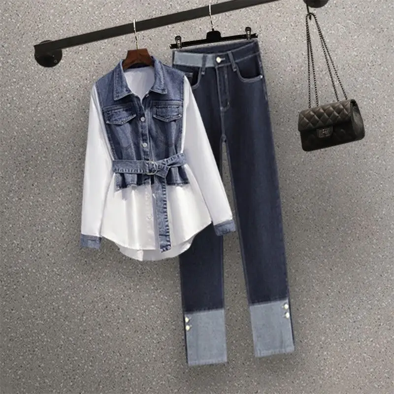 Korean Popular Street Style Elegant Women\'s Pants Set Fashion Denim Shirt Blue Jeans Two-piece Set Famele Tracksuit Sportswear