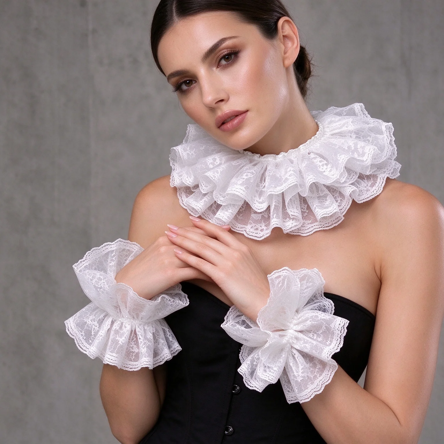 Ladies Double Layer White Lace Detachable Cuffs And Collar Set Elastic Rimmed Clown Sleeve Scarf Party Accessory Ensemble