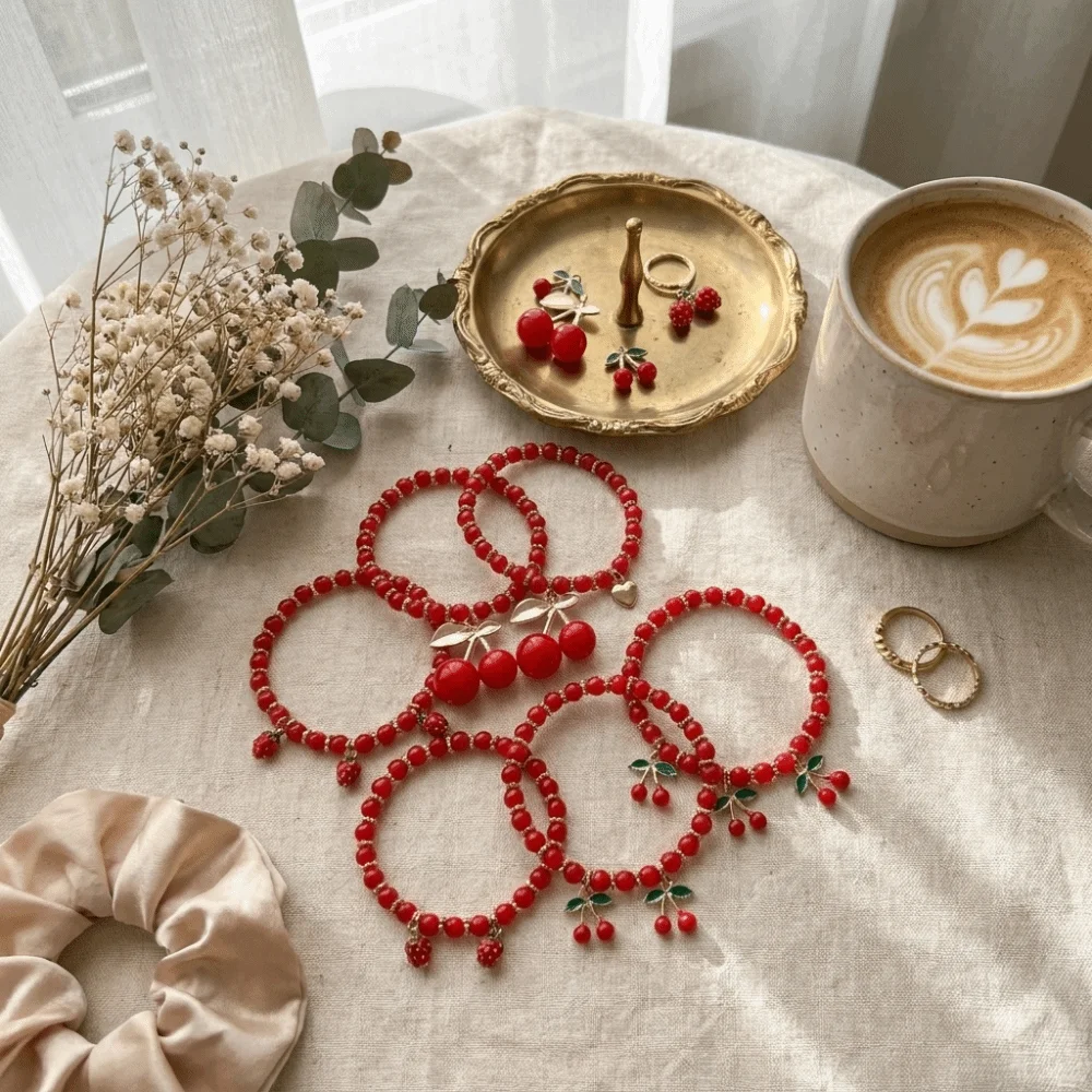 New Beaded Stackable Bracelet Set Fruit Heart Red Cherry Hand Chain Lightweight Strawberry Hand Jewelry Christmas