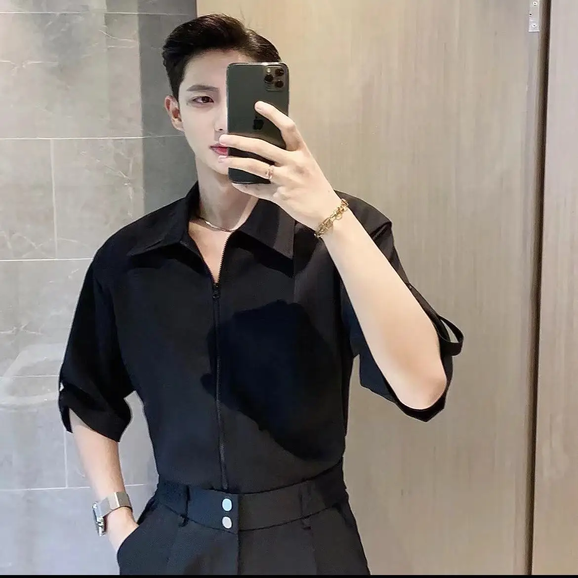 

Summer New Men's Luxury Feel Cool Handsome Rebel Style Short Sleeve Shirt Complete One Set Outfit