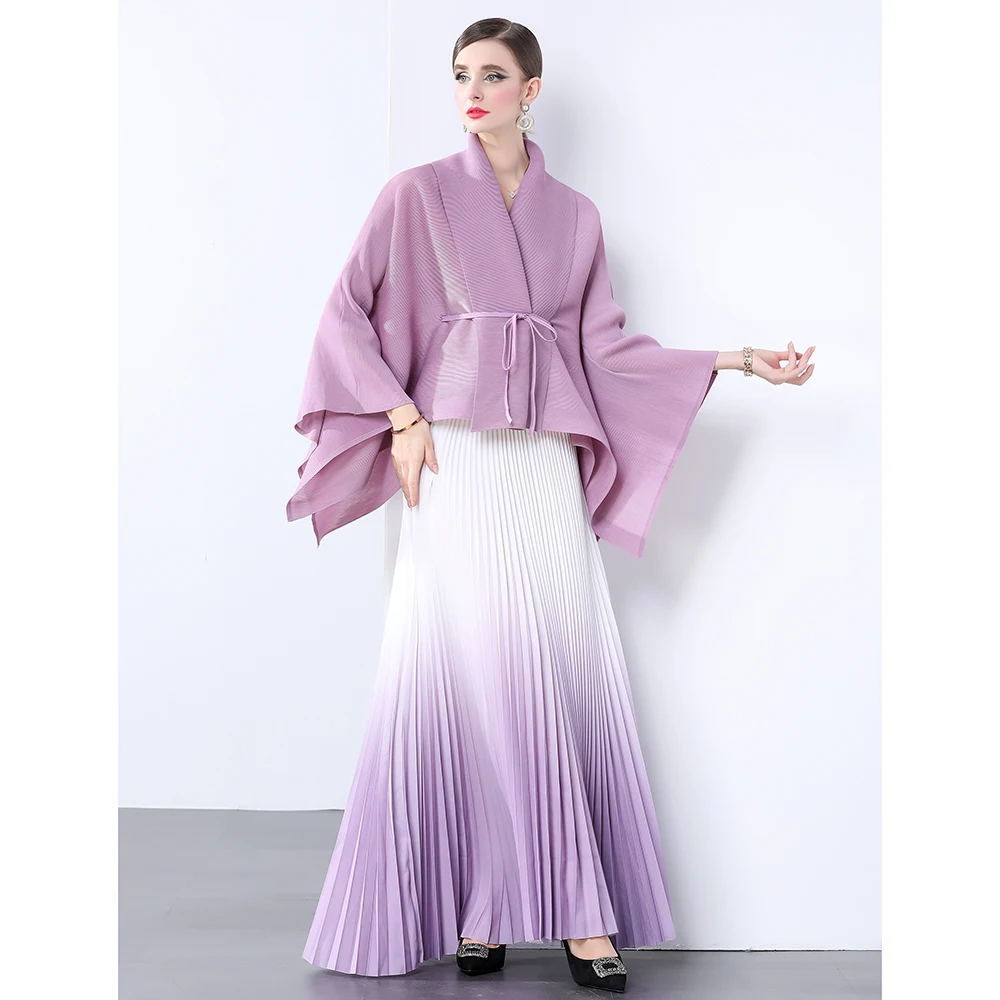 

aduated Pleated ort Jaet with Belt Dyeing Effect Women's Faion Set Polyester Long Sve V-Ne Two-Piece Suit