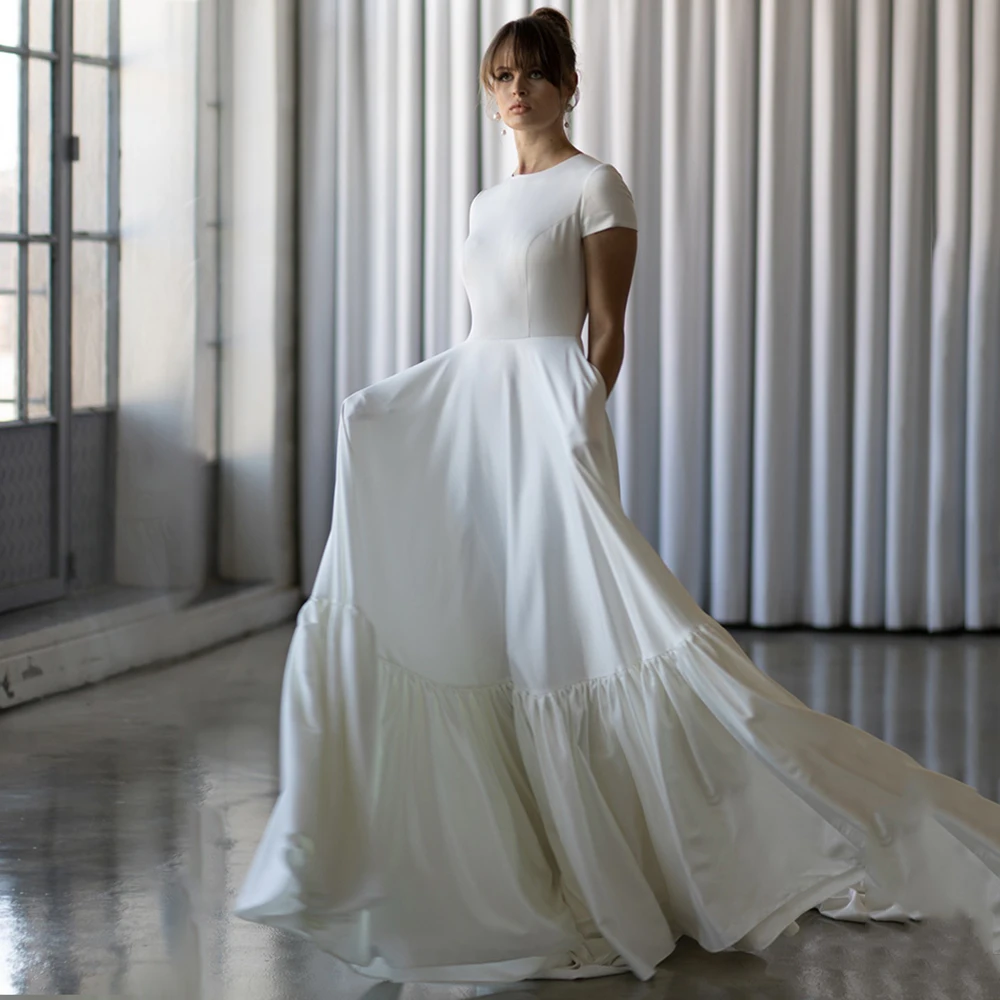 

Beach Simple O Neck A Line Wedding Dresses 2023 Ruffles Short Sleeve Bride Dress Open Back Custom Made Bohemian Bridal Gown