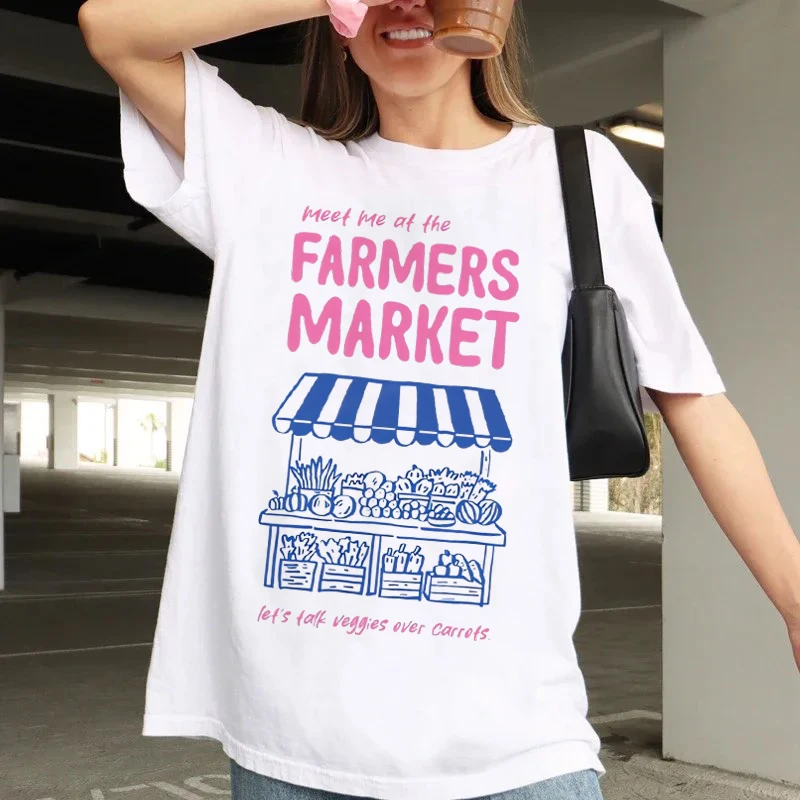 Meet Me At The Farmers Market Graphic Trendy Cute 90s T-Shirt Fashion O-Neck Clothing Printed Short Sleeve Women's Casual T-Shir
