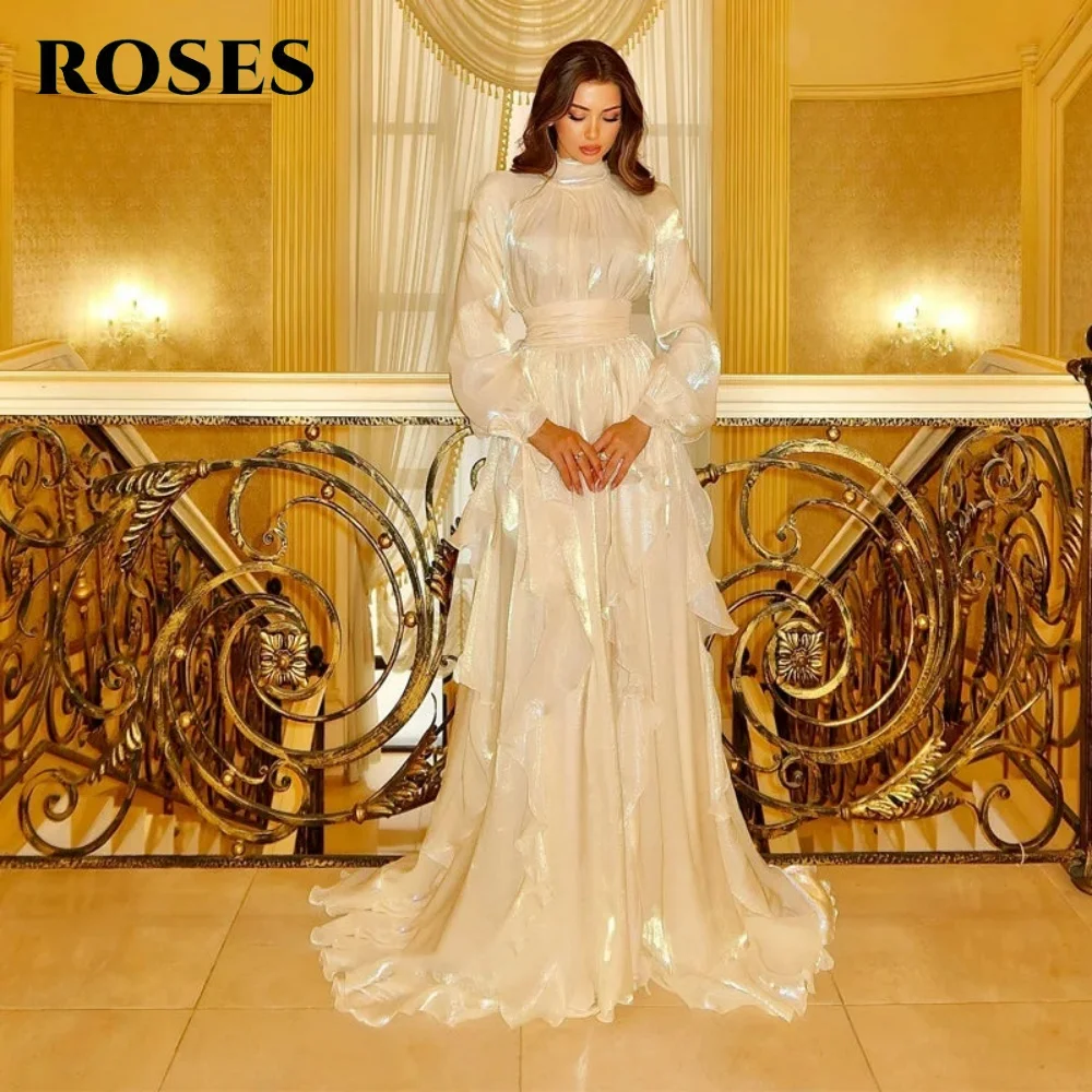 ROSES White Prom Dress High Collar Regular Sleeve Ruched Evening Dresses with Pleats Satin and A-Line Formal Dresses Customized
