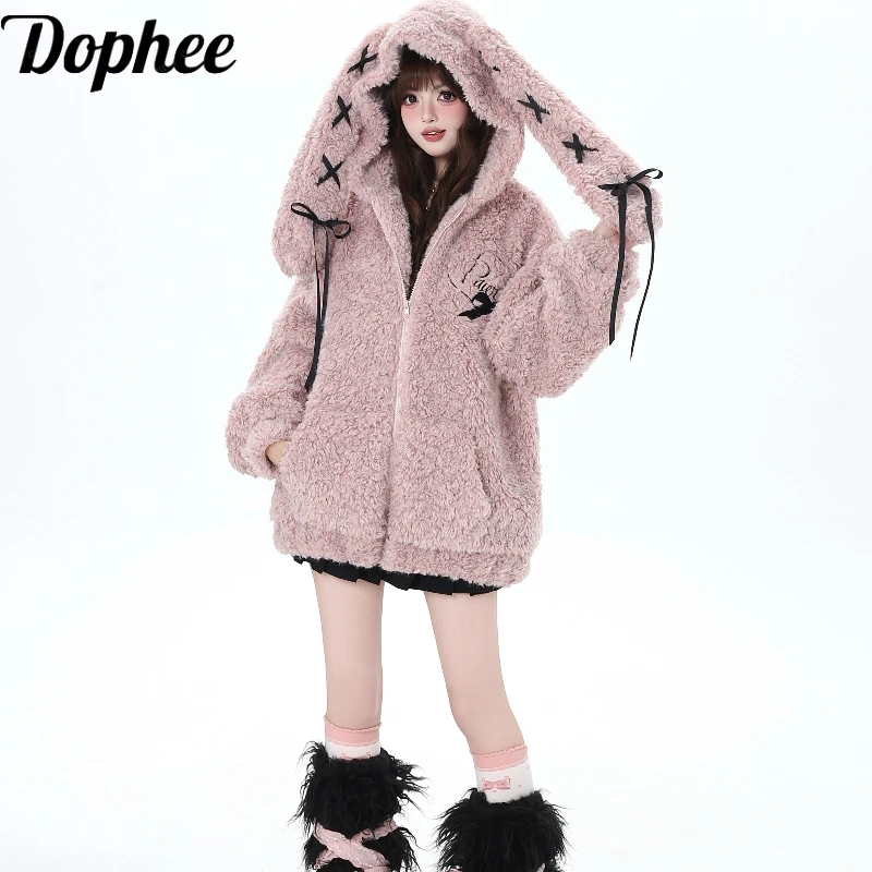 Dophee Original Sweet Girl Pink Berber Fleece Hooded Jacket Rabbit Ears Warm Outerwear Women Autumn Winter Zip Cardigans Coat