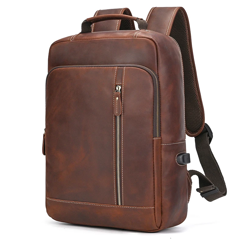Retro Men's Crazy Horse Leather Backpack Laptop Backpack Leather Daypack Large Capacity Male Travel Backpack With USB Cable