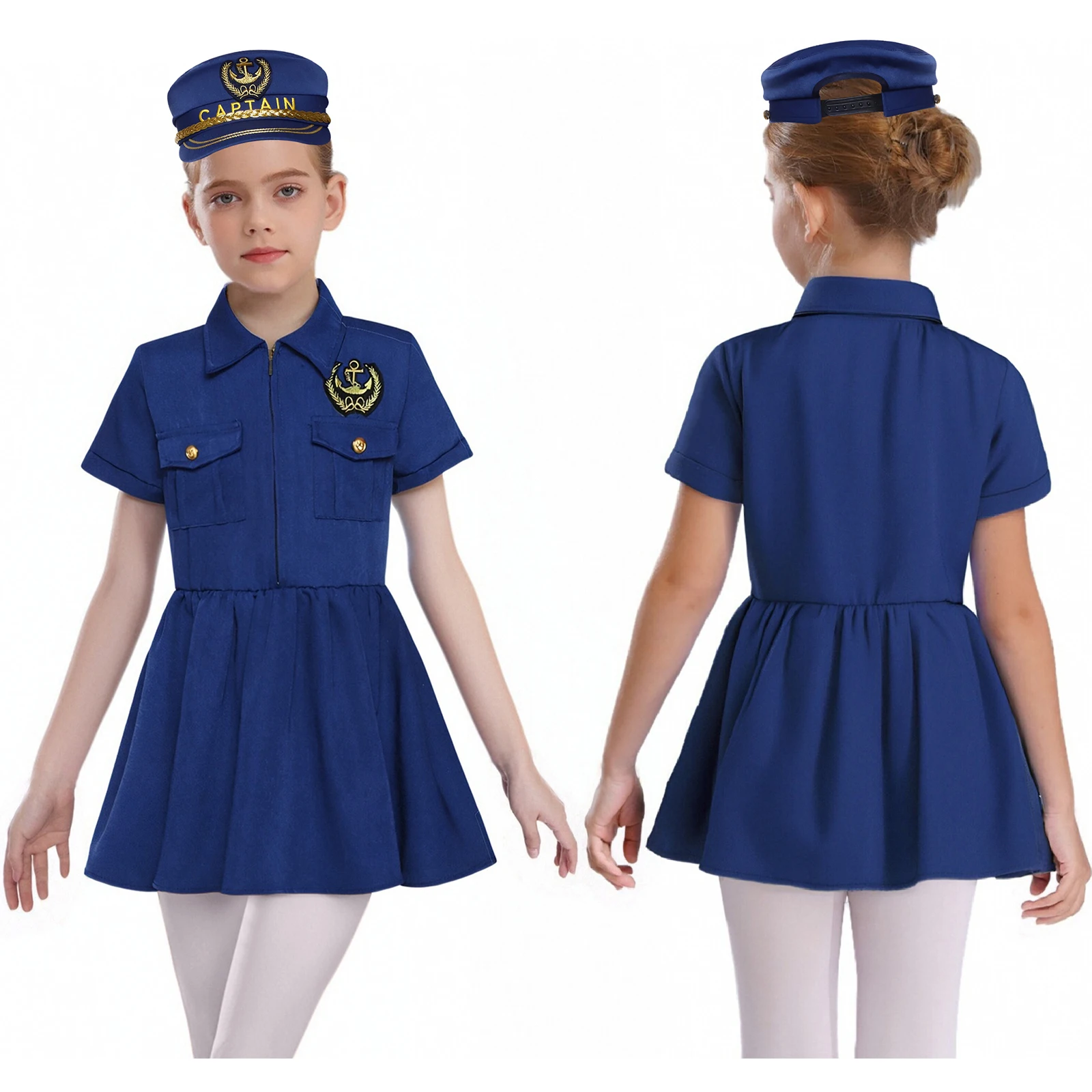 فستان كابتن/الشرطة/الطيار للأطفال البنات مع قبعة بأكمام قصيرة، ملابس تجربة احترافية للأطفال، أزياء الهالوين التنكرية #3