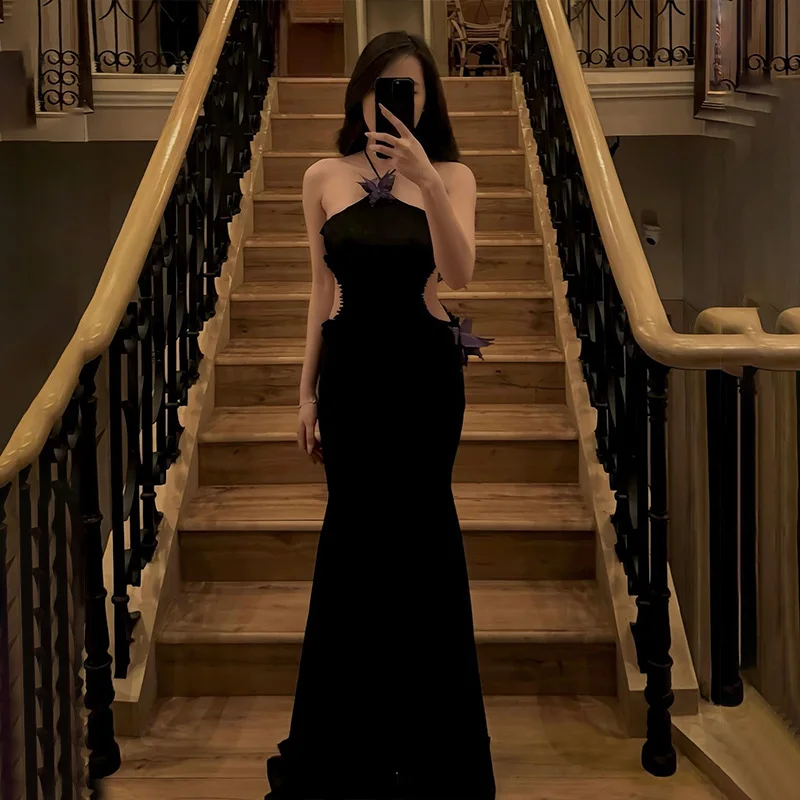 

Sexy Elegance One-Shoulder Butterfly Decorated Slim-Fit Holiday Long Dress for Women Summer Autumn New Hanging Neck Design