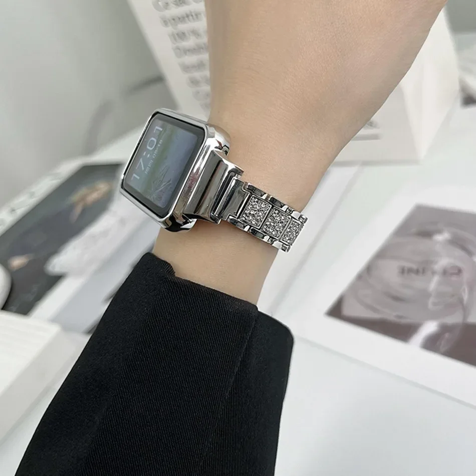 สายรัดข้อมือสำหรับวง Xiaomi Mi 7 สายนาฬิกา Pro พร้อมเคสโลหะหรูหรากลิตเตอร์เพชรสร้อยข้อมือสแตนเลสสำหรับ Miband 7 Pro