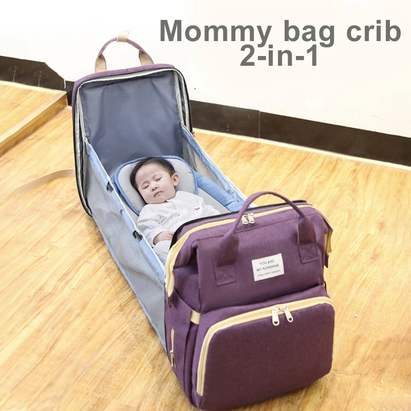 Portable 2-in-1 Diaper Bags Baby Folding Bed Mother Backpacks with Changing Mat Convenient Baby Nursing Bags Large Capacity