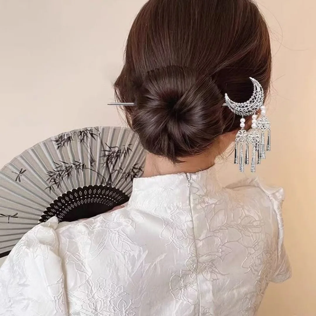 Silver U-Shaped Hairpin for Women, Ethnic Minority Style, Ancient Style Hair Accessory, Crescent Metal Tassel Hairpin