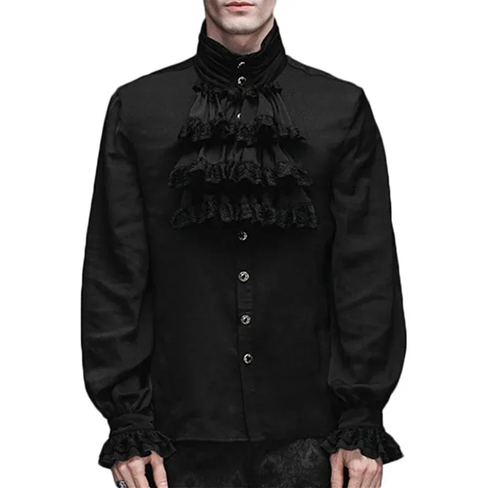 White Cotton & Lace Ruffles Stand Collar Gothic Shirt Men Vampire Pirate Cosplay Clothes Anime Halloween Victorian Medieval Top