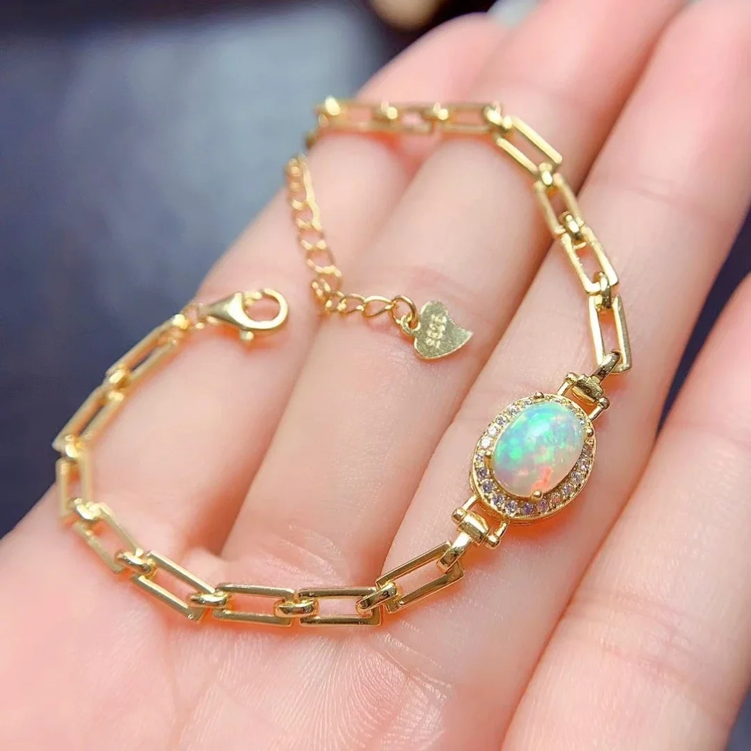 

925 Silver Chain Bracelet for Party 6mm*8mm 0.8ct Natural Australia Opal Bracelet 3 Layers 18K Gold Plating Opal Silver Jewelry