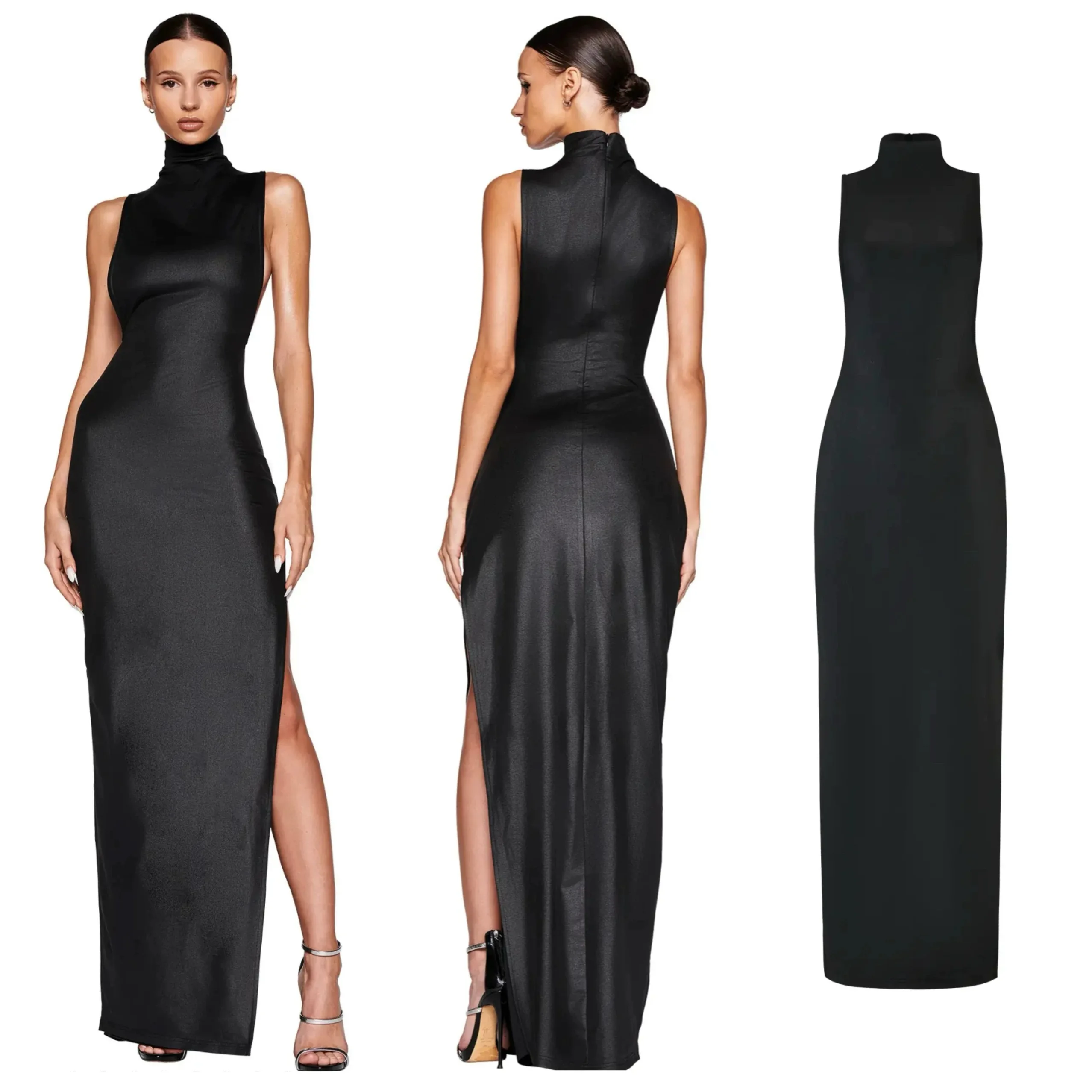 

iamgia rick owen style Mysterious Oriental beauty stretch leather feel high neck slit dress