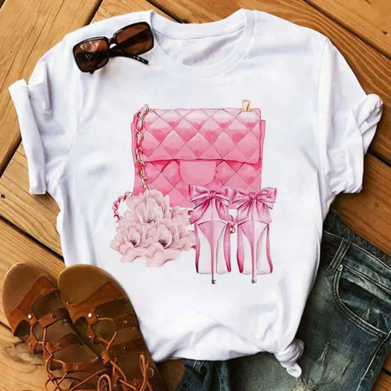 Bolso de mano rosa, tacones altos, estampado floral, 100% algodón, camiseta holgada y suave de cuello redondo y manga corta para mujer, talla grande, para uso diario, compras, vacaciones, ropa para el hogar