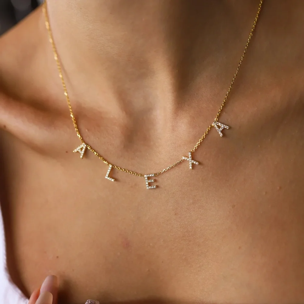 Custom Zirconia Initials Name Necklace Stainless Steel Gold Color Dainty Letters Personalized Necklace Women Elegant Jewelry