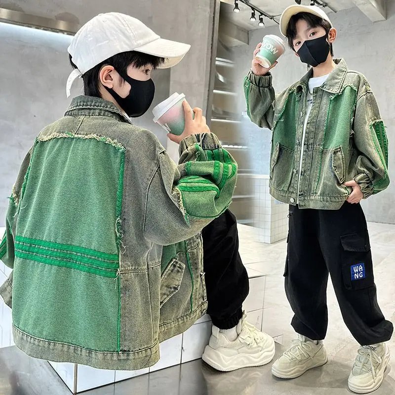 5-14Years Teens Boys Denim Jackets Kids Patchwork Jean Outwear Coat Children Boy Casual Denim Jacket with Button 6 7 8 9 10 11