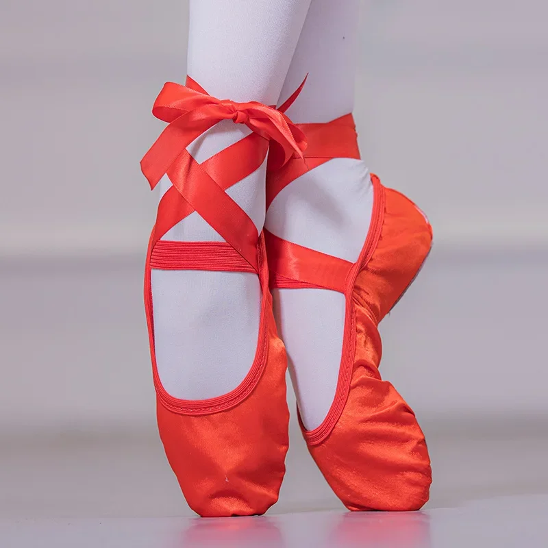 Ballet Cetim com Alças Fita, Sapatos Bailarina de Dança, Toe Redondo, Ioga Indoor, Meninas Adultas, Sola Dividida Suave